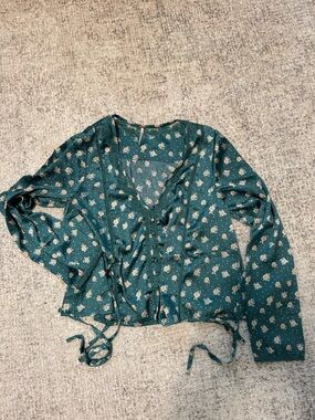 Free People Teal Floral Tie-Front Blouse